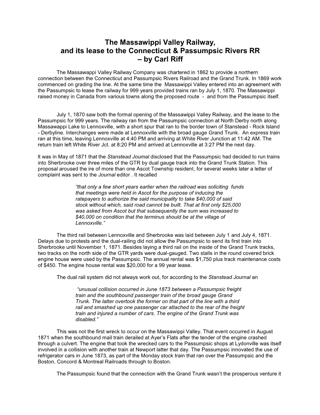 The Massawippi Valley Railway, and Its Lease to the Connecticut & Passumpsic Rivers RR – by Carl Riff