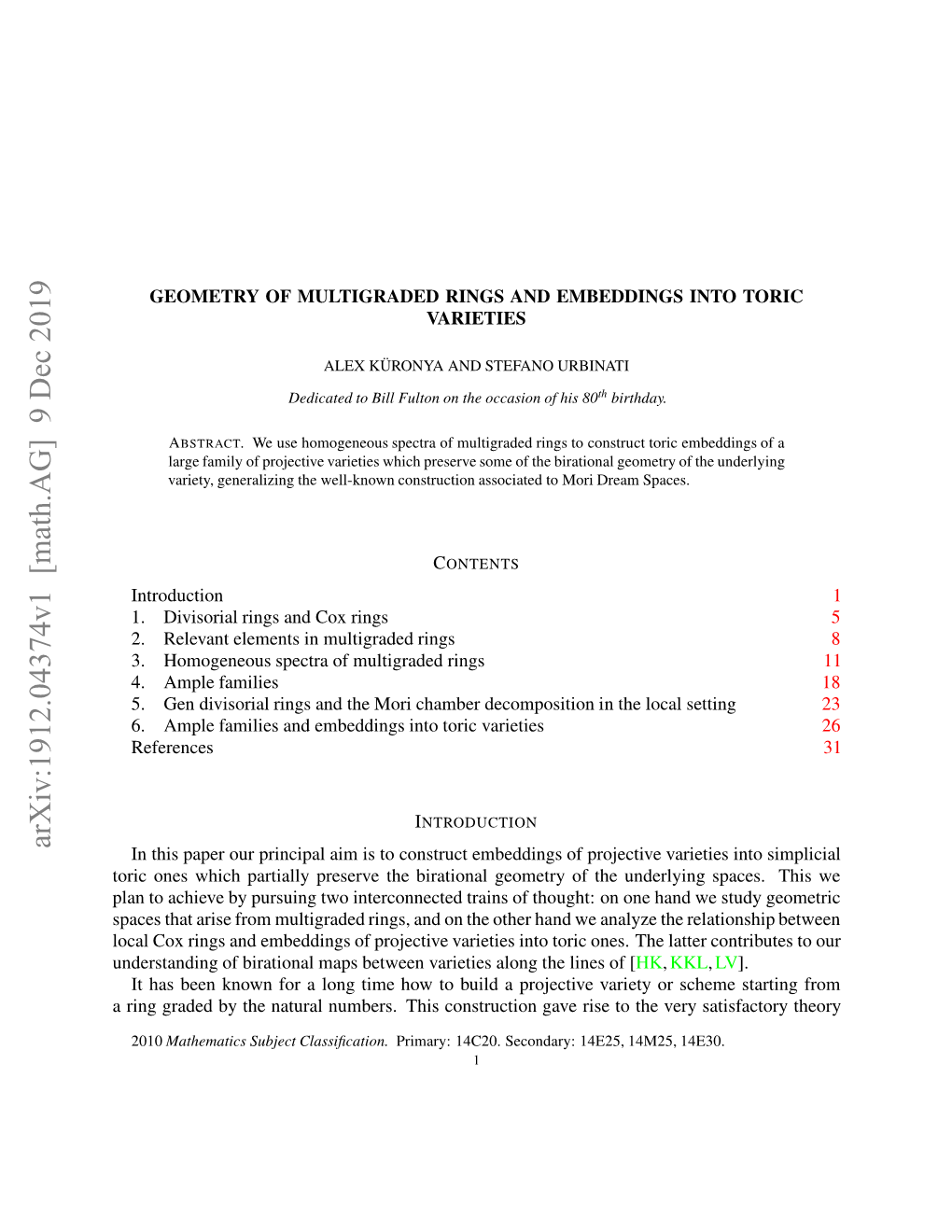 Geometry of Multigraded Rings and Embeddings Into Toric Varieties