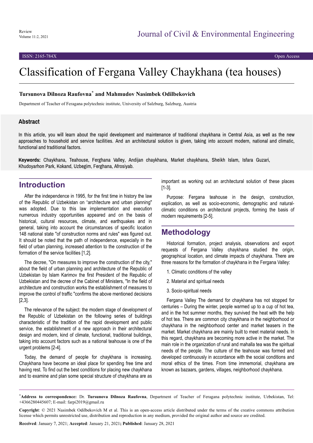 Classification of Fergana Valley Chaykhana (Tea Houses)
