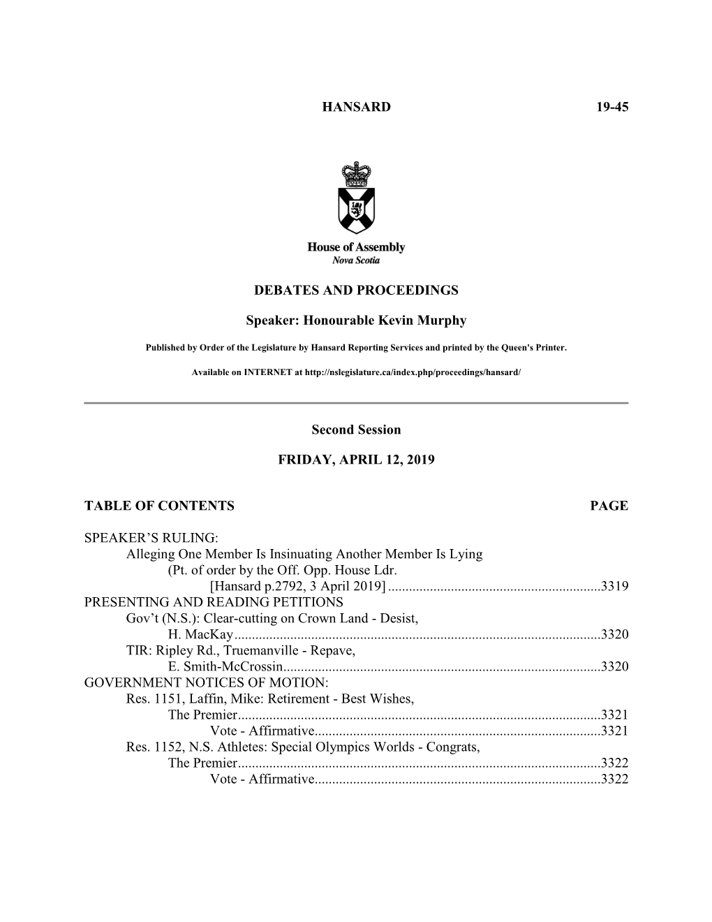 HANSARD 19-45 DEBATES and PROCEEDINGS Speaker