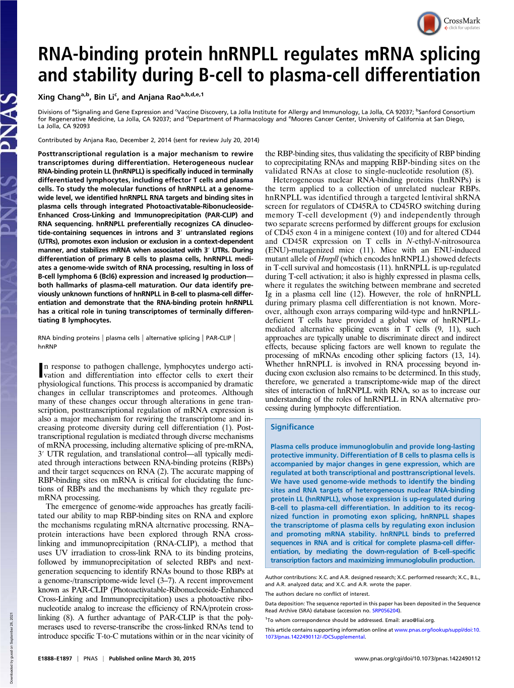 RNA-Binding Protein Hnrnpll Regulates Mrna Splicing and Stability During B-Cell to Plasma-Cell Differentiation