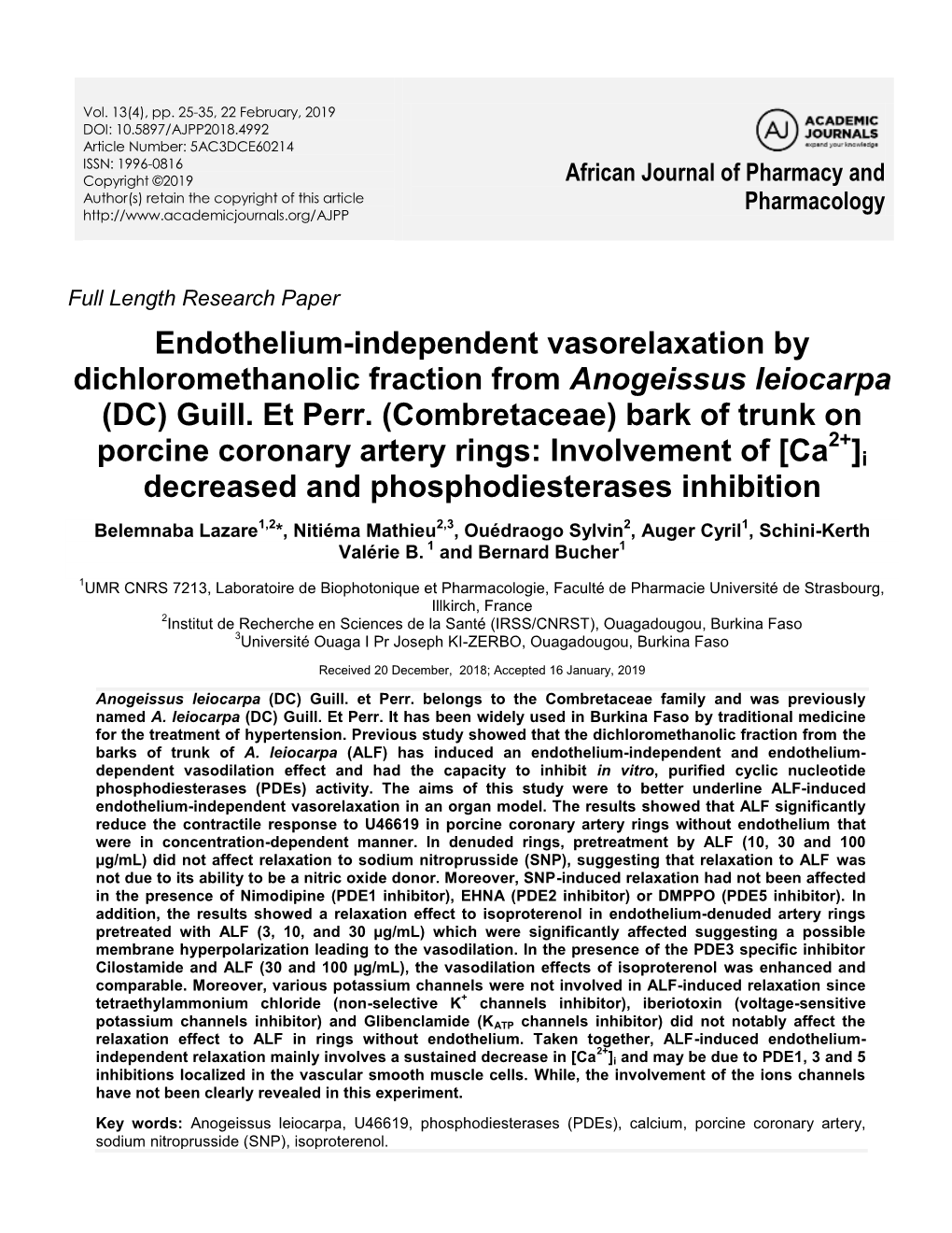 Endothelium-Independent Vasorelaxation by Dichloromethanolic Fraction from Anogeissus Leiocarpa (DC) Guill. Et Perr. (Combretace