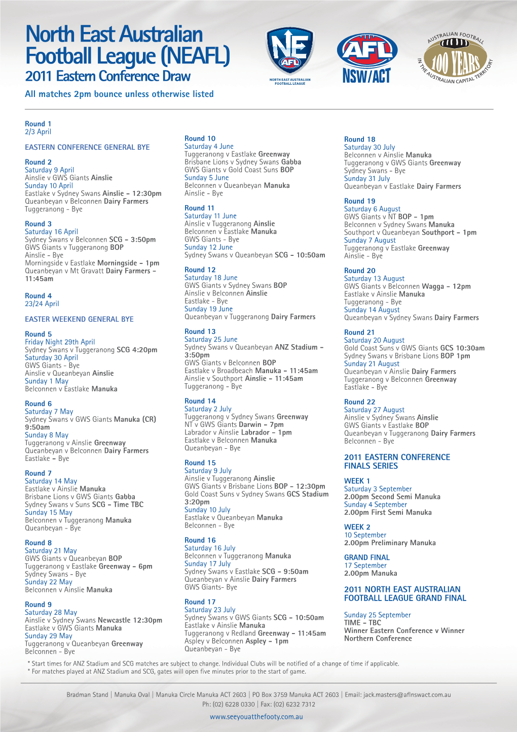 North East Australian Football League (NEAFL) 2011 Eastern Conference Draw All Matches 2Pm Bounce Unless Otherwise Listed
