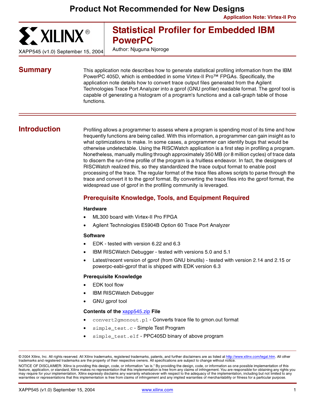 Xilinx XAPP545 Statistical Profiler for Embedded IBM Powerpc, Application Note