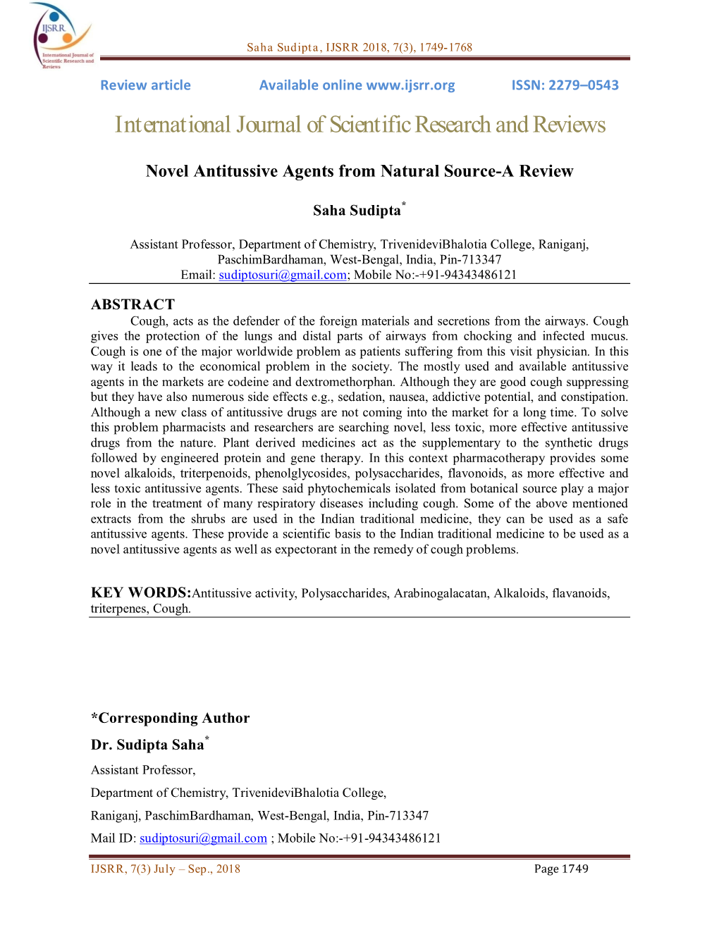 International Journal of Scientific Research and Reviews