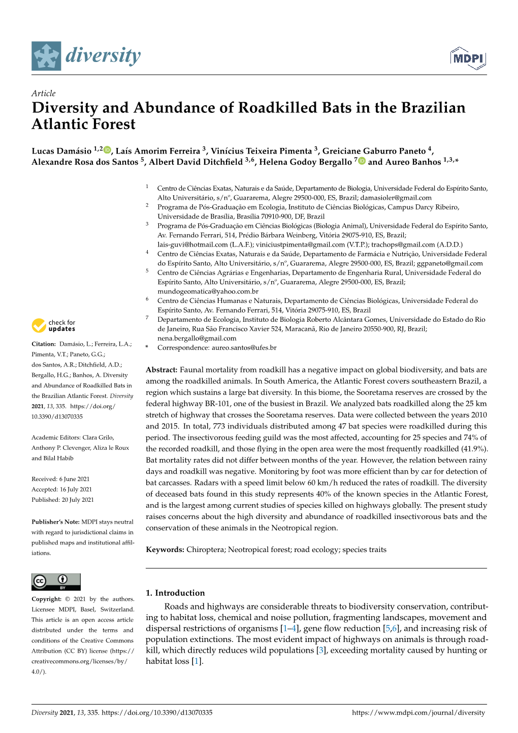 Diversity and Abundance of Roadkilled Bats in the Brazilian Atlantic Forest