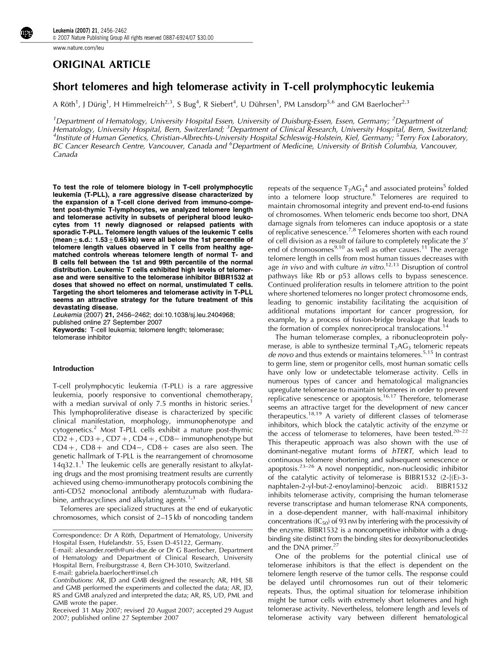 ORIGINAL ARTICLE Short Telomeres and High Telomerase Activity in T