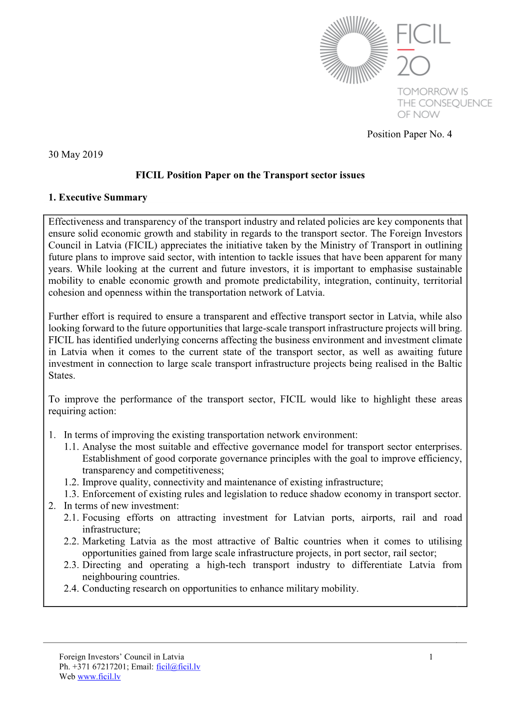 Position Paper No. 4 30 May 2019 FICIL Position Paper on the Transport Sector Issues