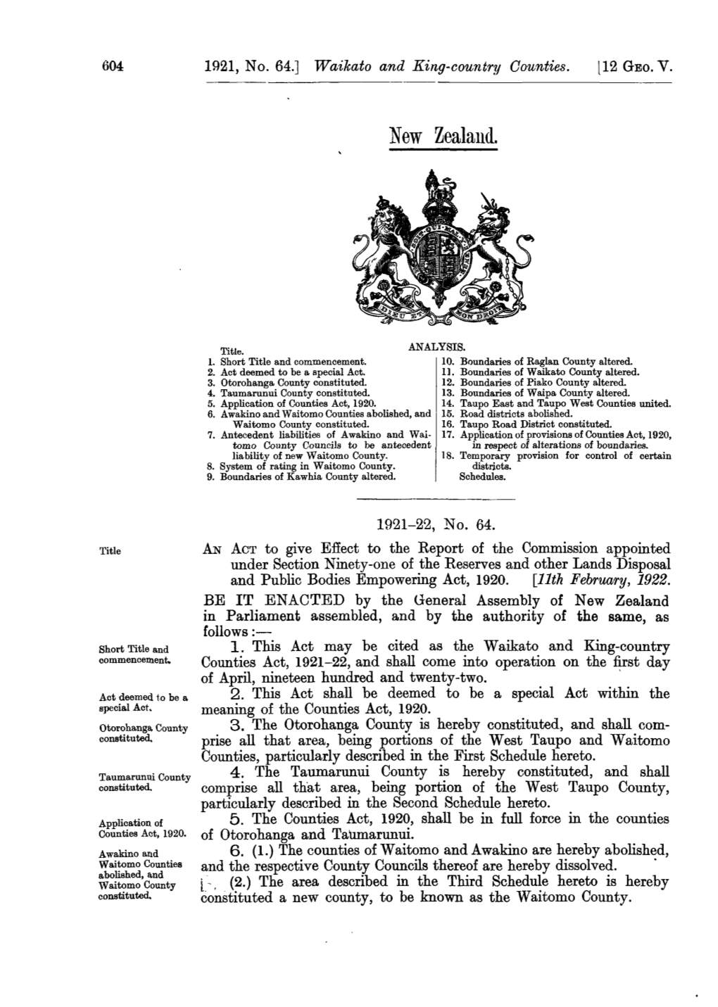 12 GEO V 1921 No 64 Waikato and King-Country Counties