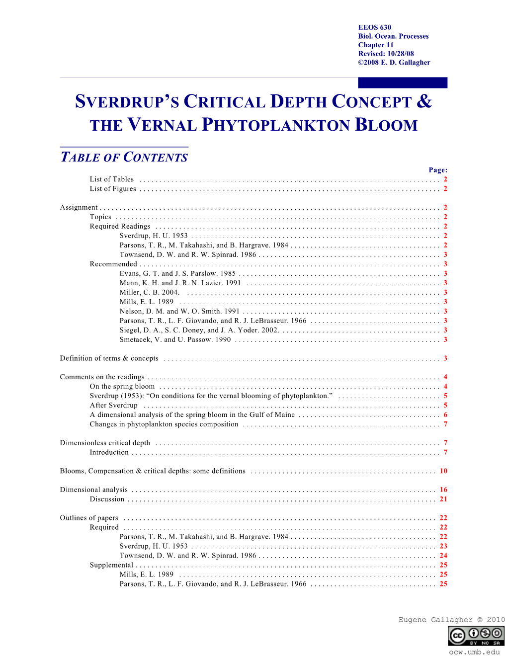 Sverdrup's Critical Depth Concept & the Vernal Phytoplankton Bloom