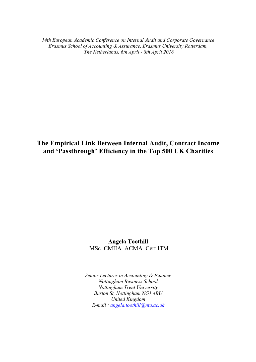 The Empirical Link Between Internal Audit, Contract Income and ‘Passthrough’ Efficiency in the Top 500 UK Charities