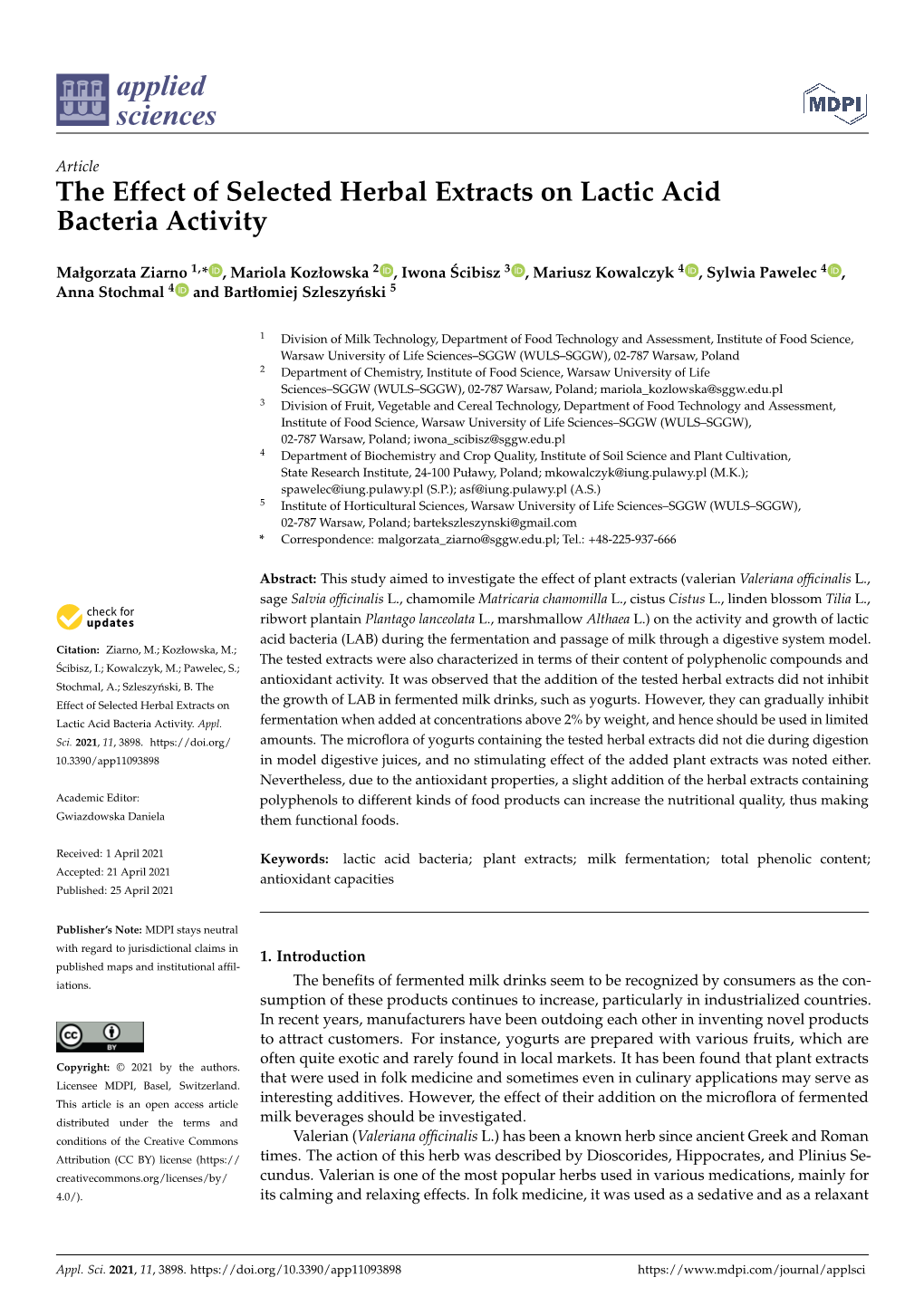 The Effect of Selected Herbal Extracts on Lactic Acid Bacteria Activity