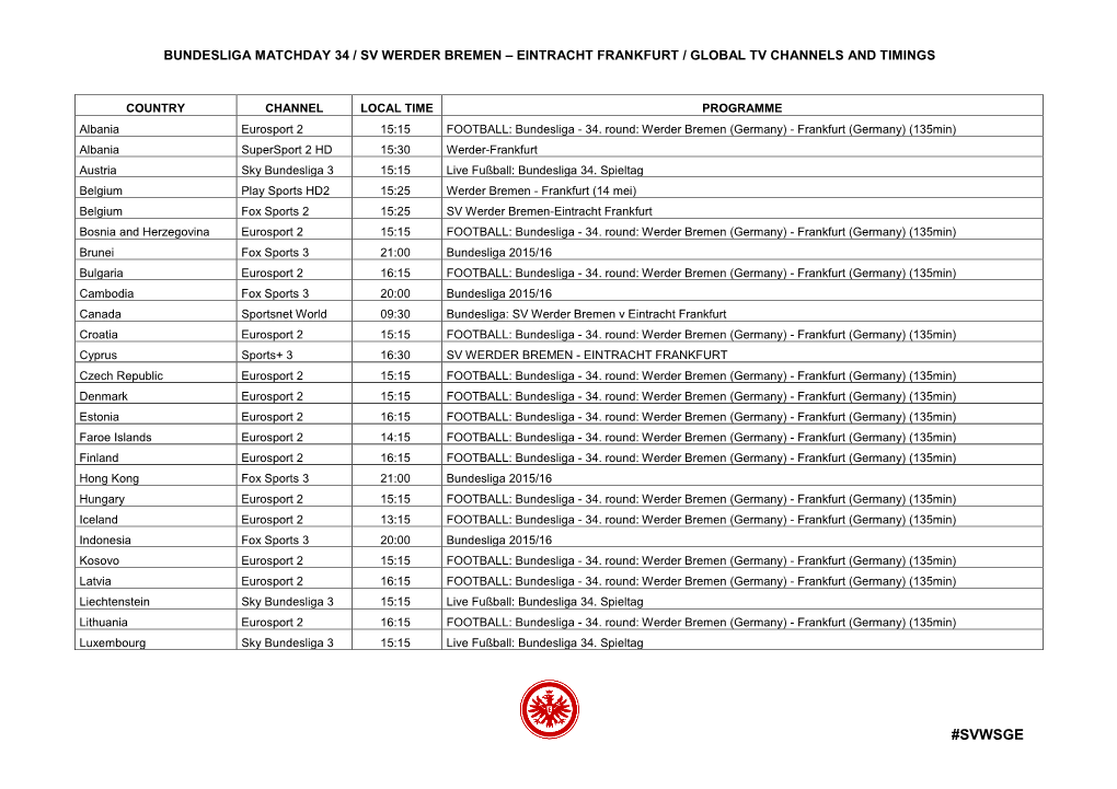 Svwsge Bundesliga Matchday 34 / Sv Werder Bremen – Eintracht Frankfurt / Global Tv Channels and Timings