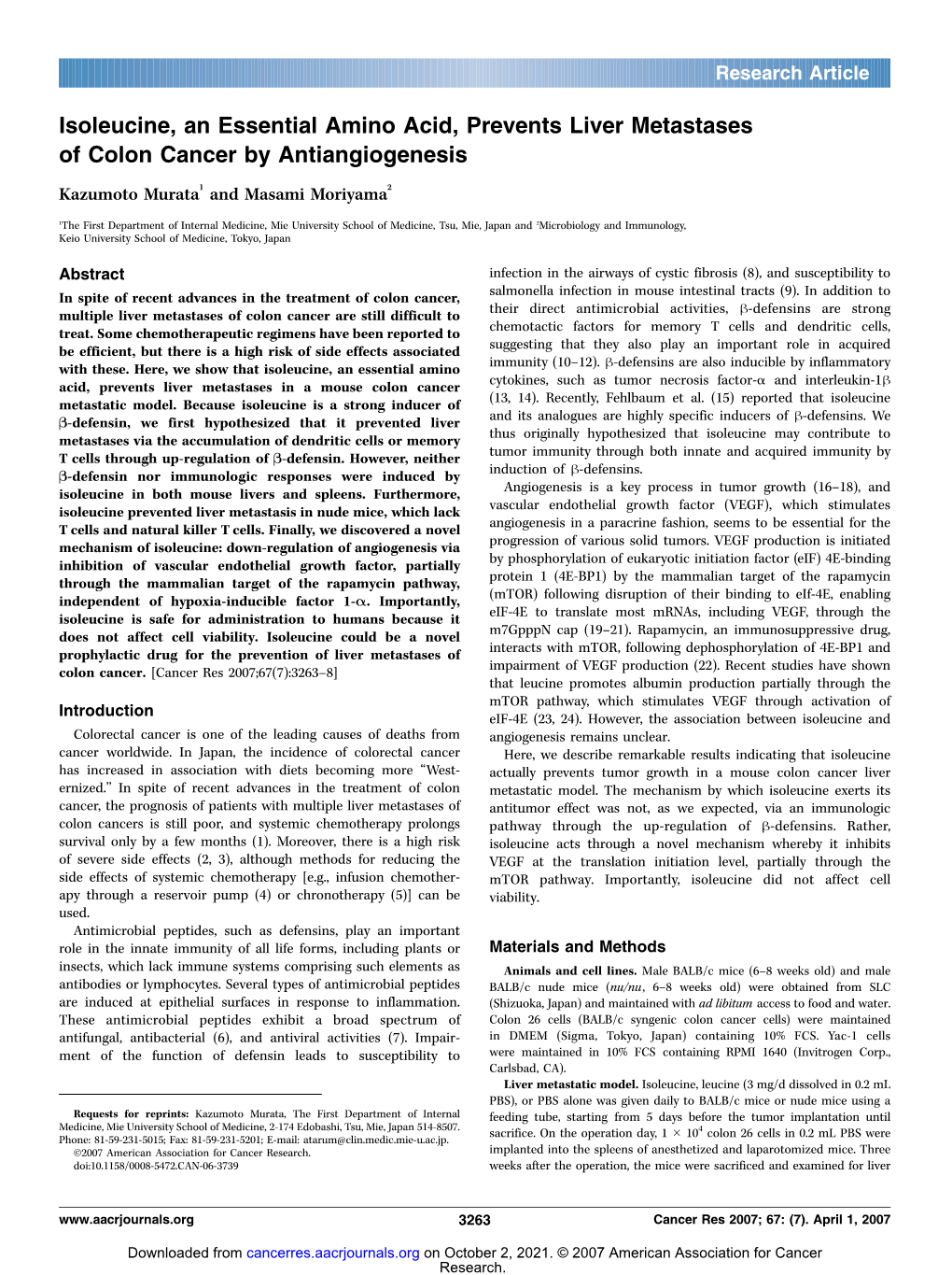 Isoleucine, an Essential Amino Acid, Prevents Liver Metastases of Colon Cancer by Antiangiogenesis Kazumoto Murata1 and Masami Moriyama2