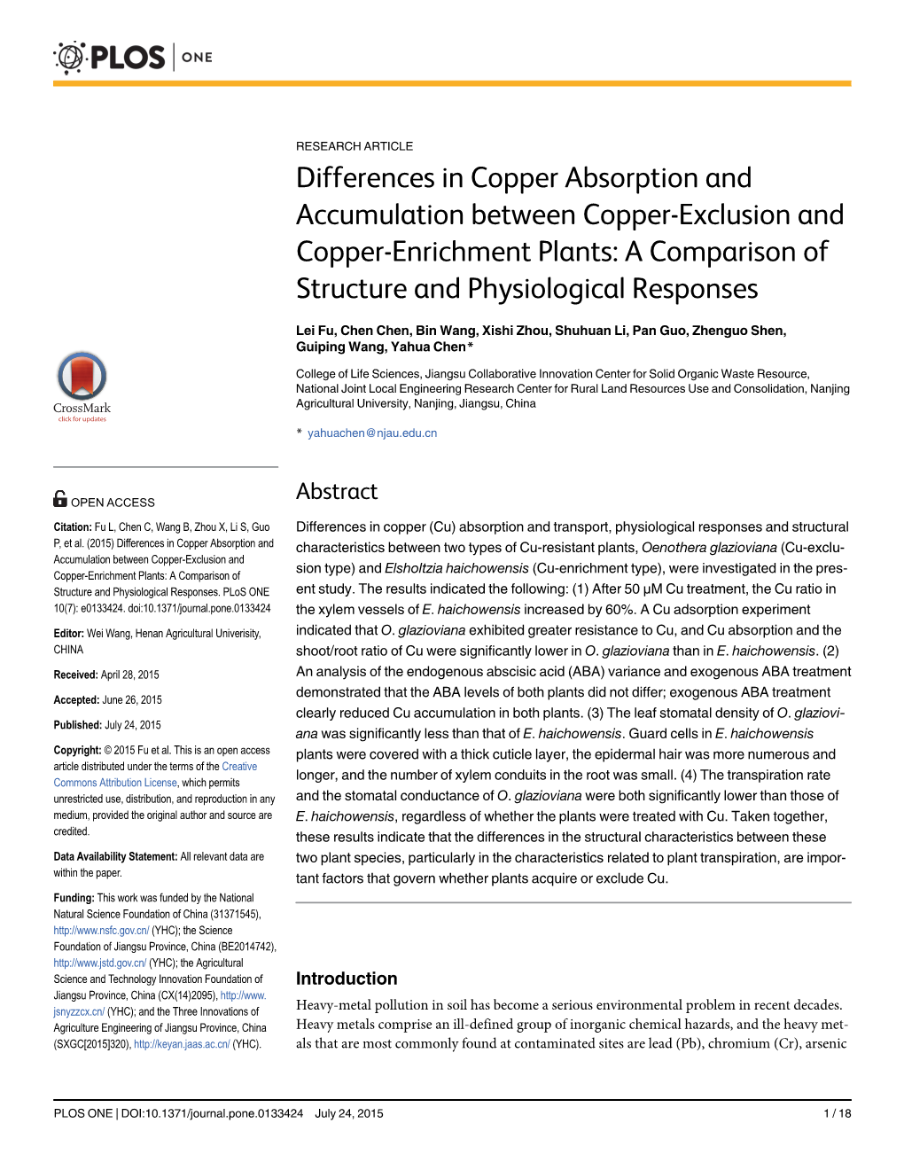 Differences in Copper Absorption and Accumulation Between Copper-Exclusion and Copper-Enrichment Plants: a Comparison of Structure and Physiological Responses