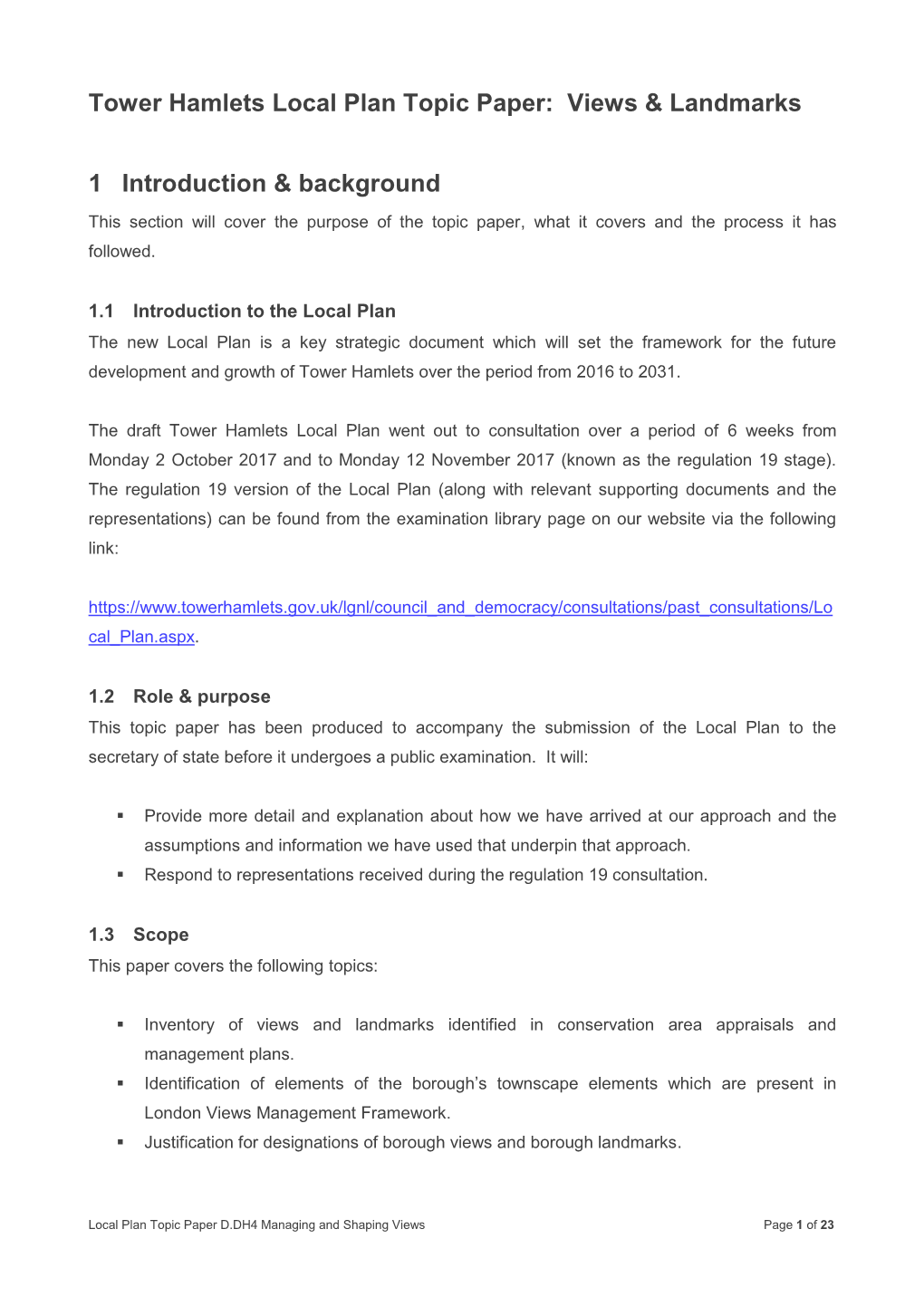 Tower Hamlets Local Plan Topic Paper: Views & Landmarks 1 Introduction & Background