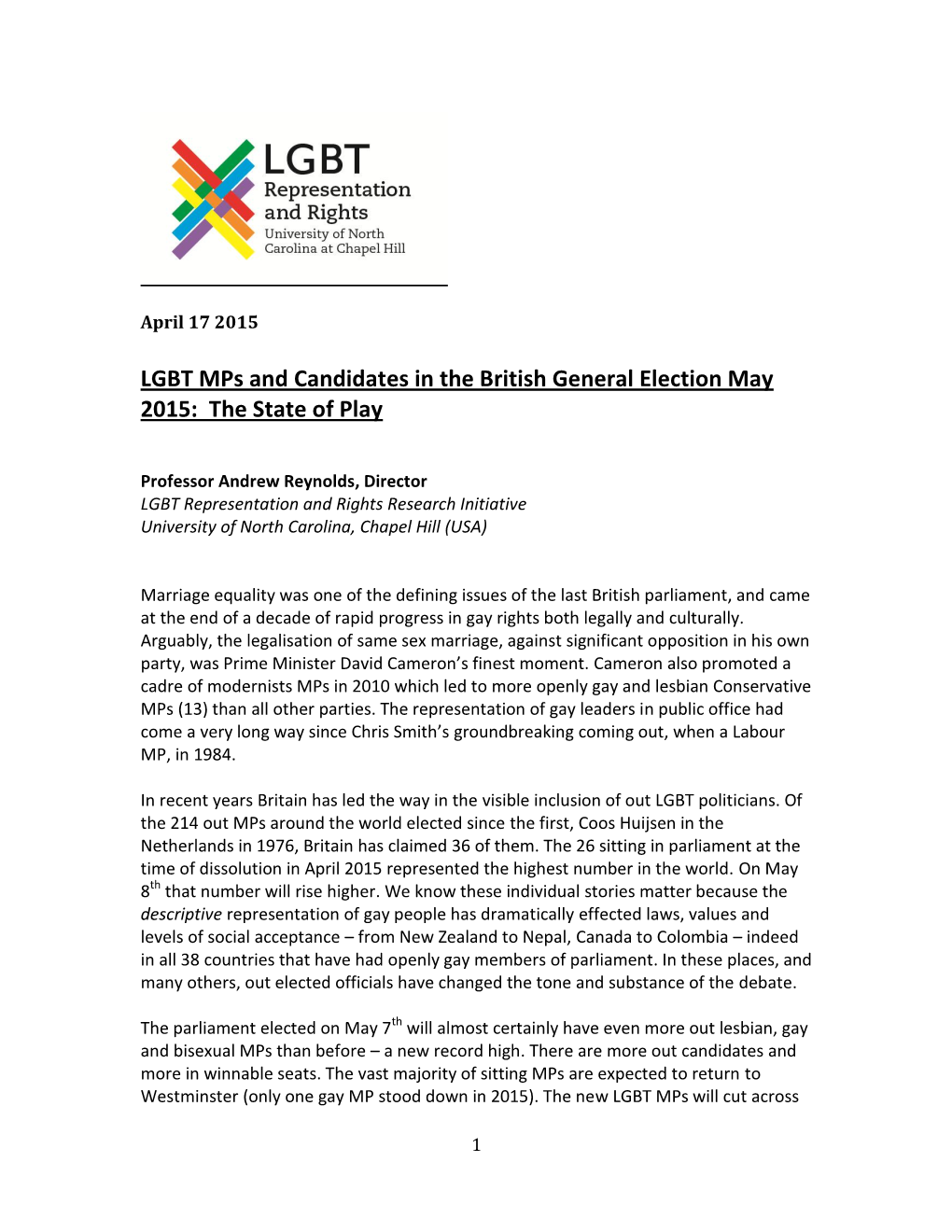 LGBT Mps and Candidates in the British General Election May 2015: the State of Play