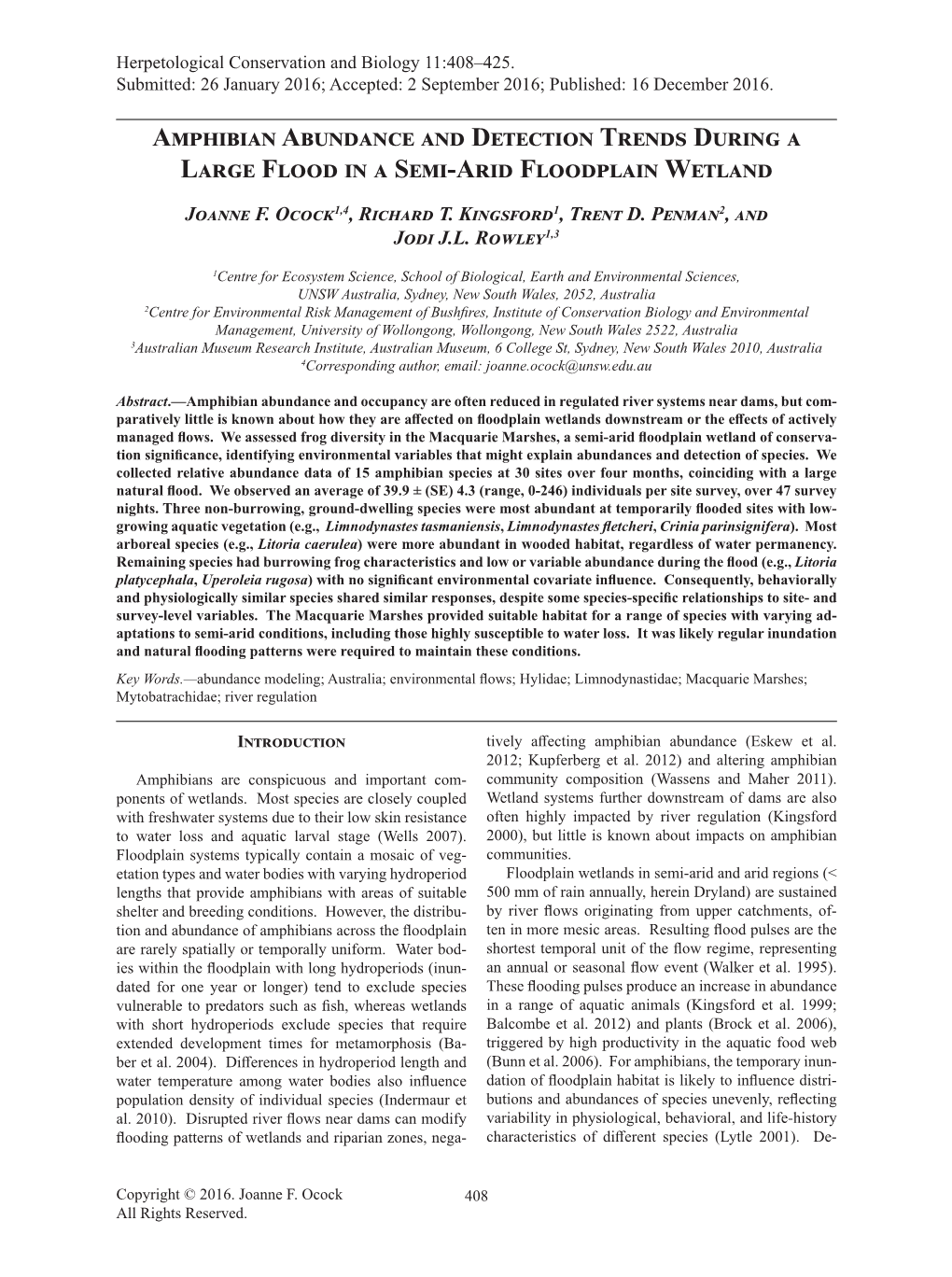 Amphibian Abundance and Detection Trends During a Large Flood in a Semi-Arid Floodplain Wetland