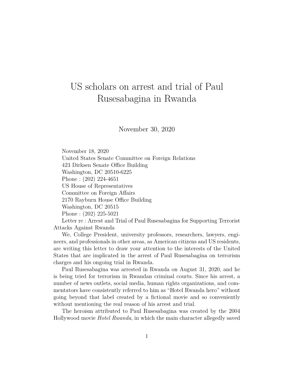 US Scholars on Arrest and Trial of Paul Rusesabagina in Rwanda