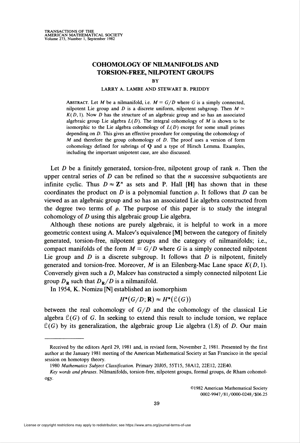 Cohomology of Nilmanifolds and Torsion-Free, Nilpotent Groups by Larry A