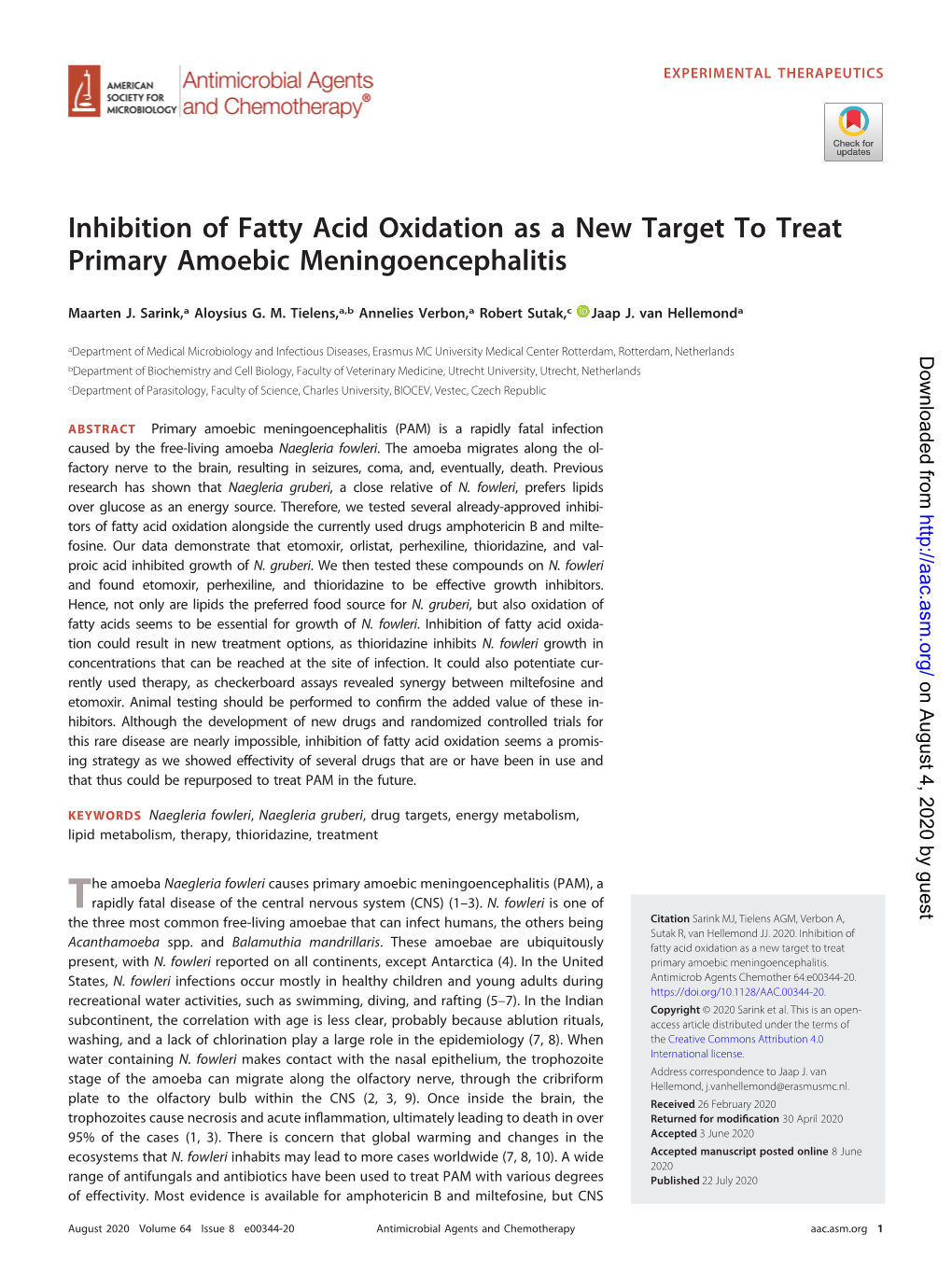 Inhibition of Fatty Acid Oxidation As a New Target to Treat Primary Amoebic Meningoencephalitis
