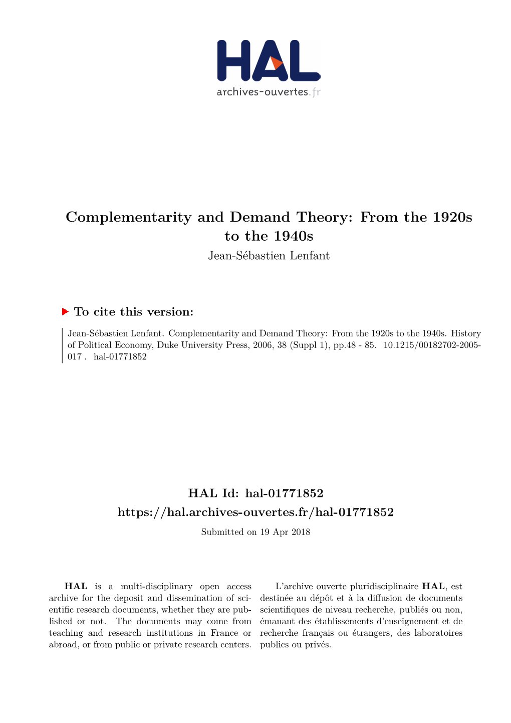 Complementarity and Demand Theory: from the 1920S to the 1940S Jean-Sébastien Lenfant