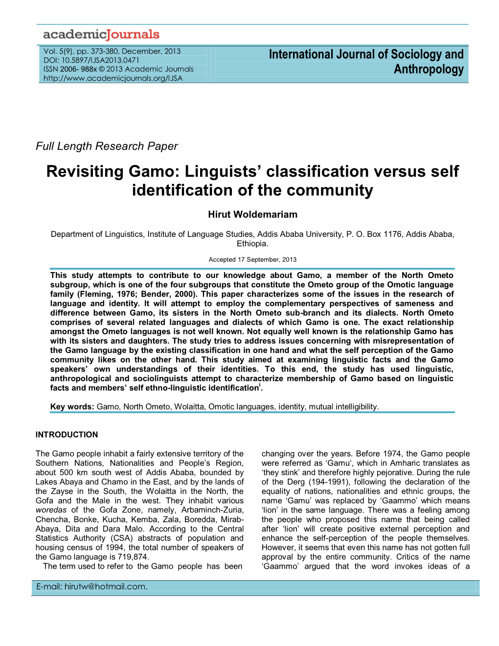 Revisiting Gamo: Linguists’ Classification Versus Self Identification of the Community