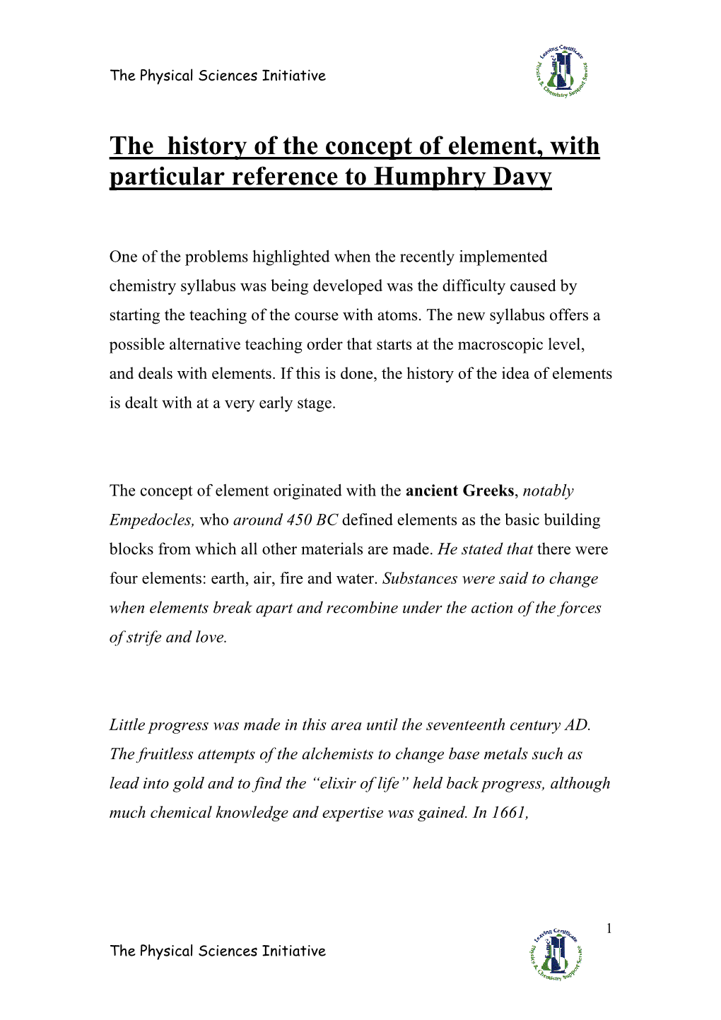 The History of the Concept of Element, with Particular Reference to Humphry Davy