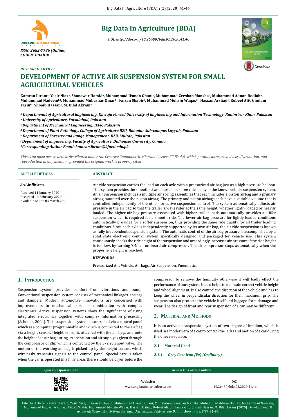 Development of Active Air Suspension System for Small Agricultural Vehicles