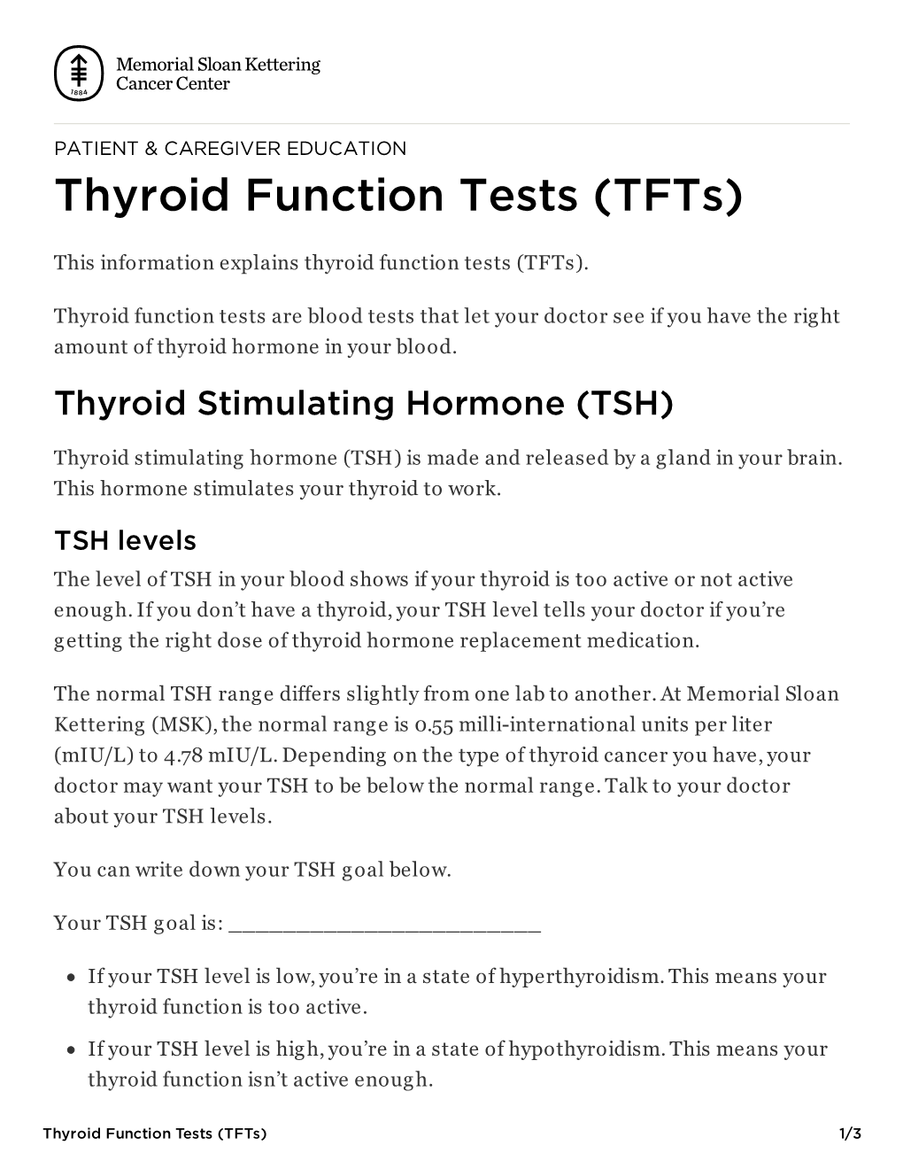 Thyroid Function Tests (Tfts) | Memorial Sloan Kettering Cancer Center