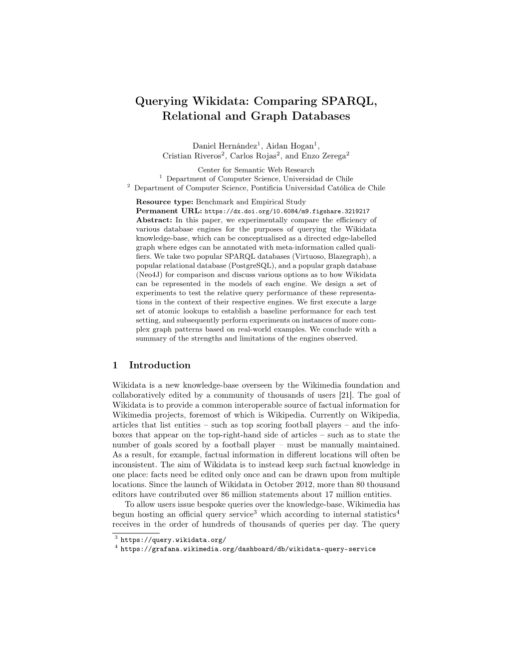 Querying Wikidata: Comparing SPARQL, Relational and Graph Databases