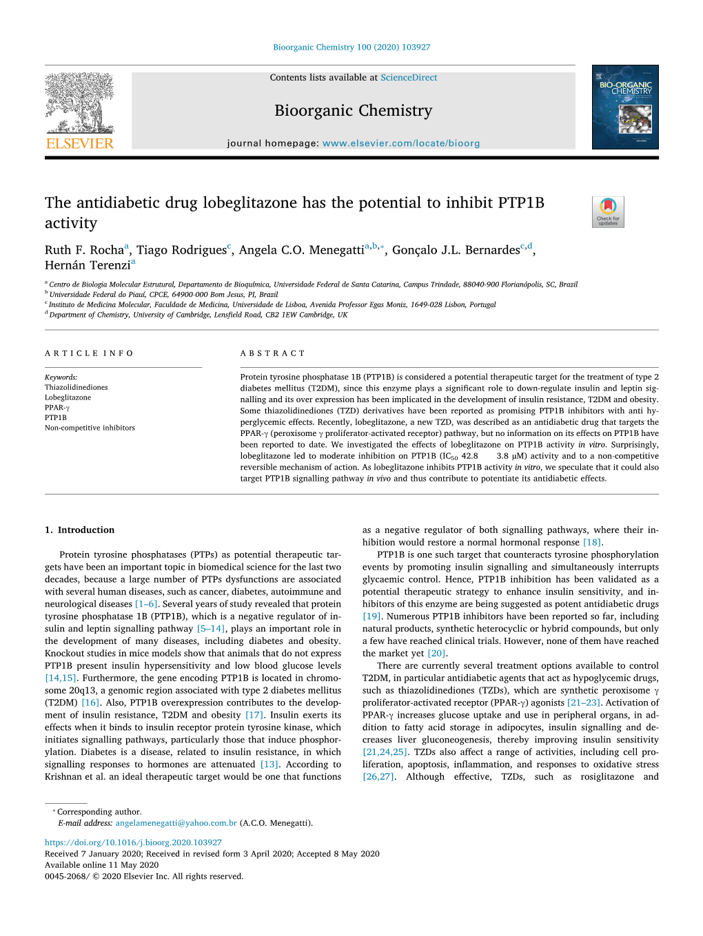 The Antidiabetic Drug Lobeglitazone Has the Potential to Inhibit PTP1B T Activity ⁎ Ruth F