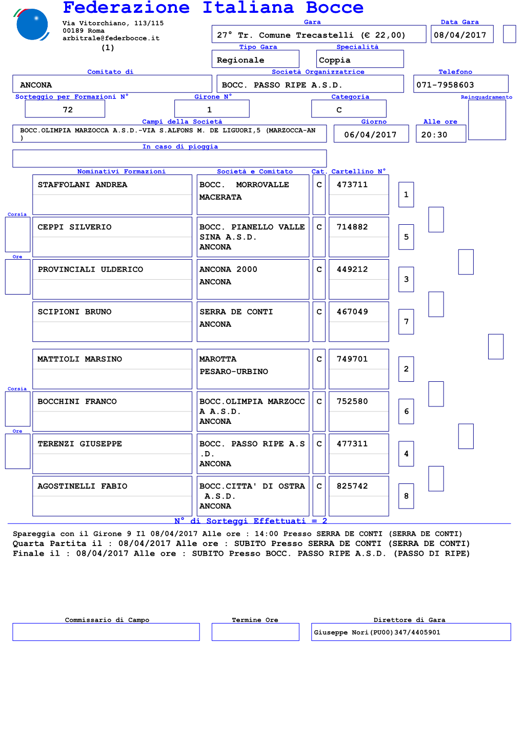 Federazione Italiana Bocce Via Vitorchiano, 113/115 Gara Data Gara 00189 Roma Arbitrale@Federbocce.It 27° Tr