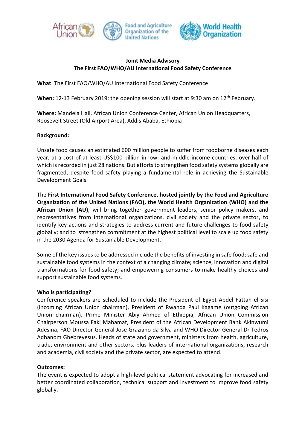 Joint Media Advisory the First FAO/WHO/AU International Food Safety Conference What