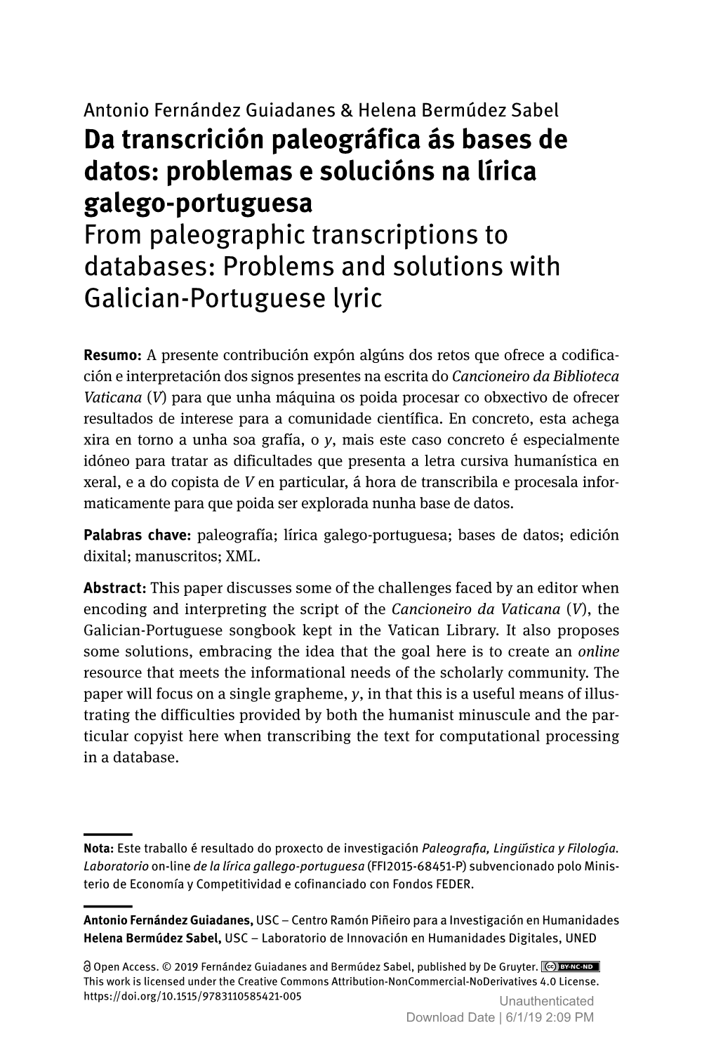 Da Transcrición Paleográfica Ás Bases De Datos: Problemas E Solucións Na Lírica Galego-Portuguesa from Paleographic Transcr