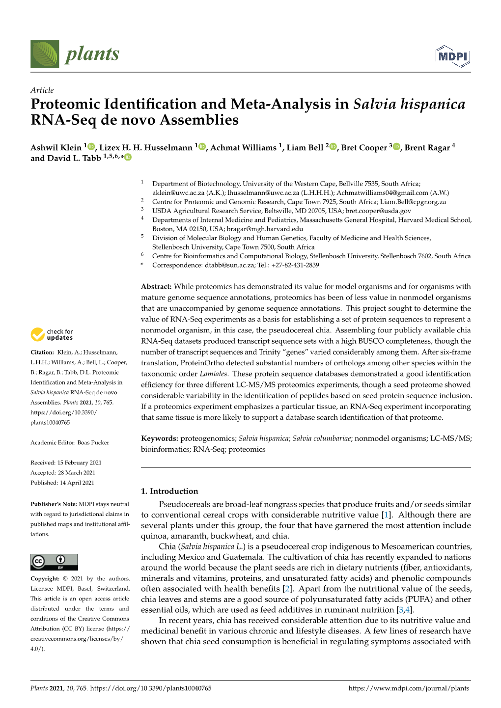 Downloaded on 12 March 2021, Was Applied to Evaluate the Extent of Species Other Than Chia in RNA-Seq Assemblies