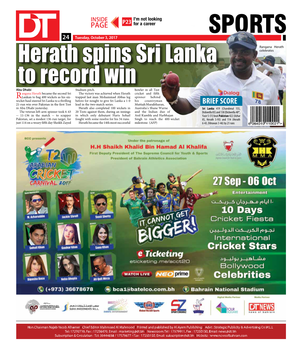 SPORTS 2424 Tuesday, October 3, 2017 Rangana Herath Herath Spins Sri Lanka Celebrates to Record Win Abu Dhabi Stadium Pitch