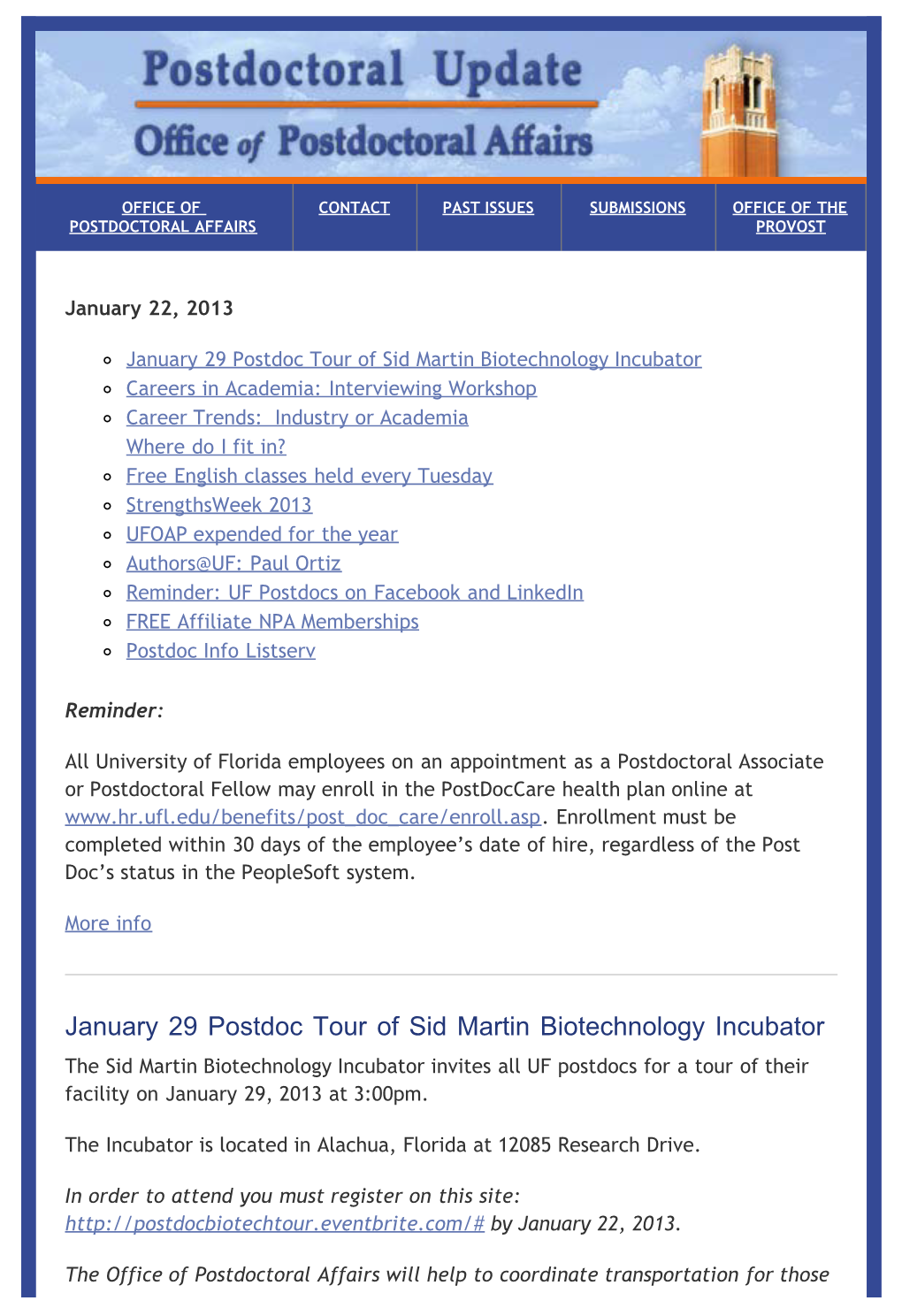 UF Postdoctoral Update: January 22, 2013 - Office of Postdoctoral Affairs