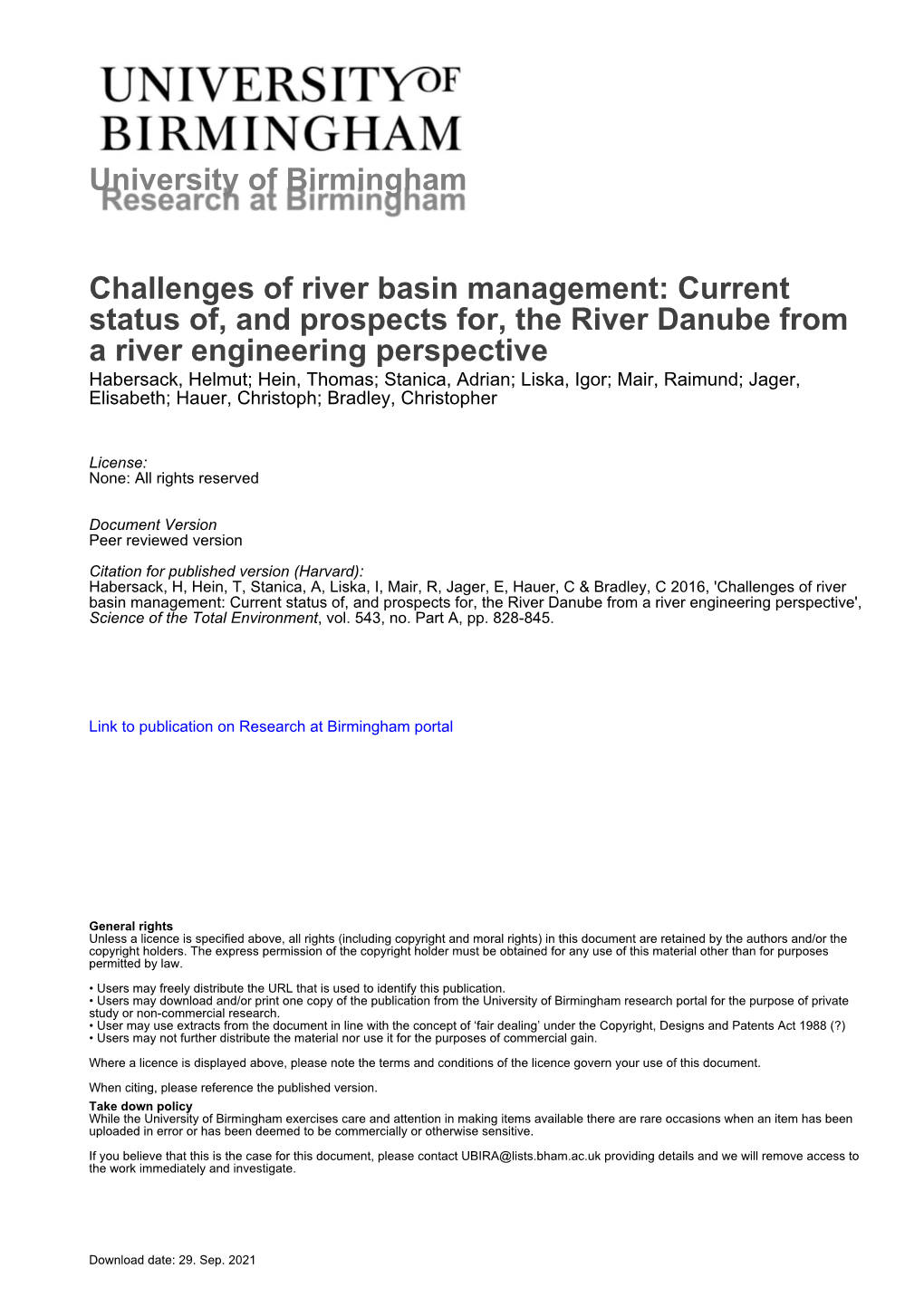 University of Birmingham Challenges of River Basin Management: Current Status Of, and Prospects For, the River Danube from A