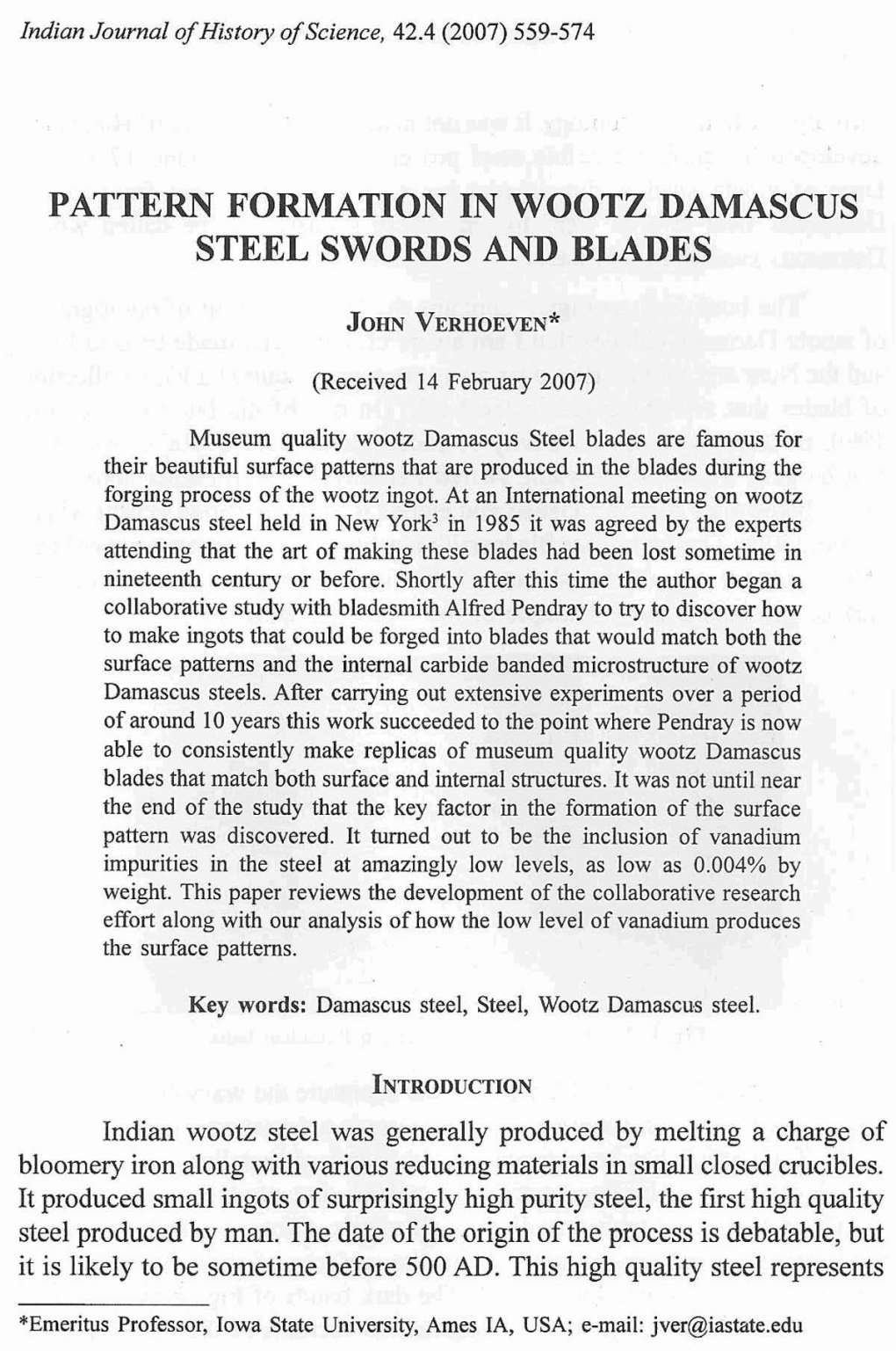 Pattern Formation in Wootz Damascus Steel Swords and Blades