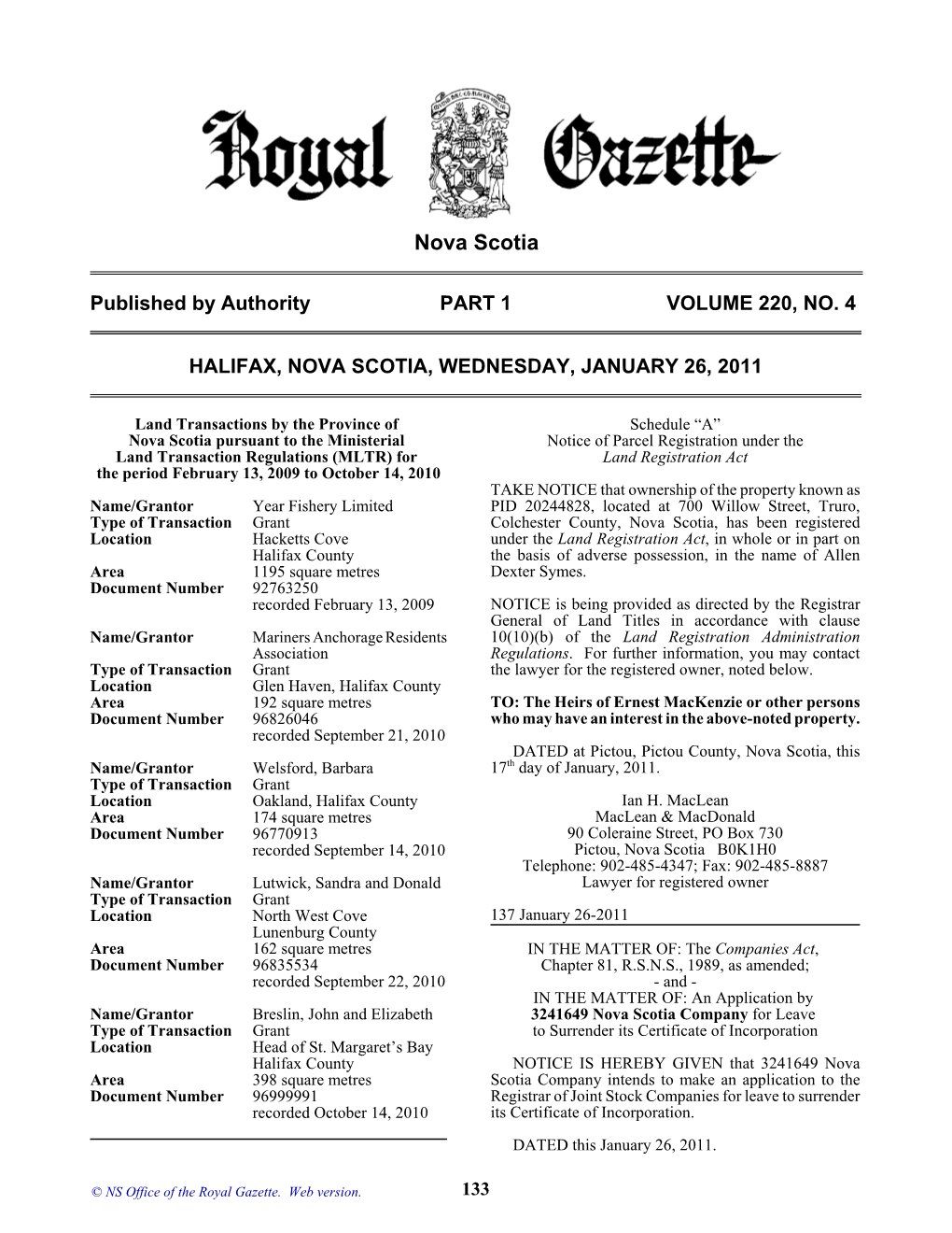 NS Royal Gazette Part I