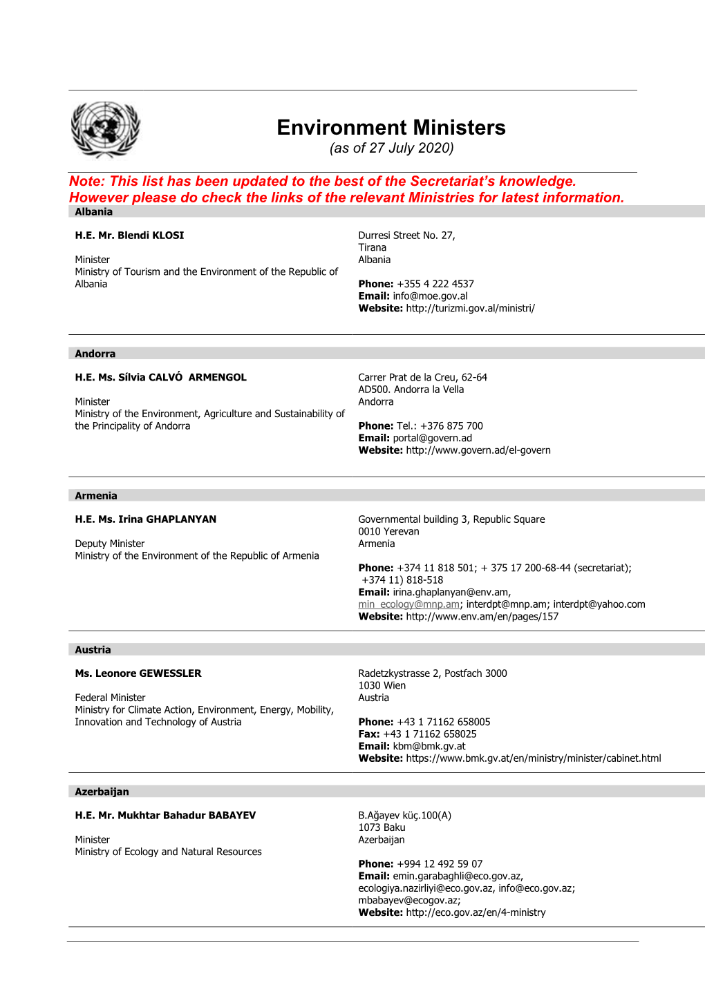Environment Ministers (As of 27 July 2020)