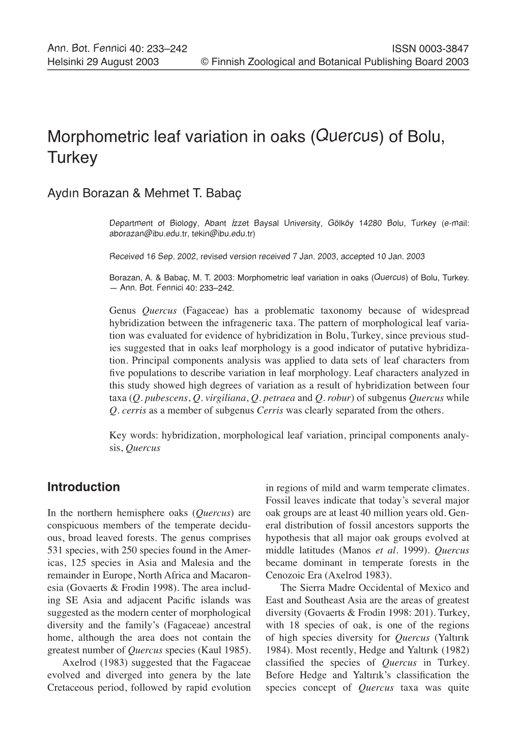 Morphometric Leaf Variation in Oaks (Quercus) of Bolu, Turkey