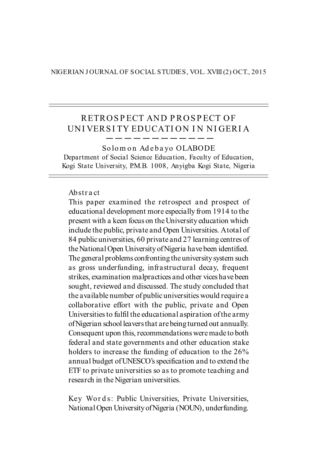 Retrospect and Prospect of University Education in Nigeria