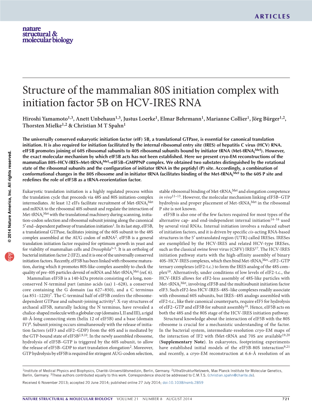 Structure of the Mammalian 80S Initiation Complex with Initiation Factor 5B on HCV-IRES RNA