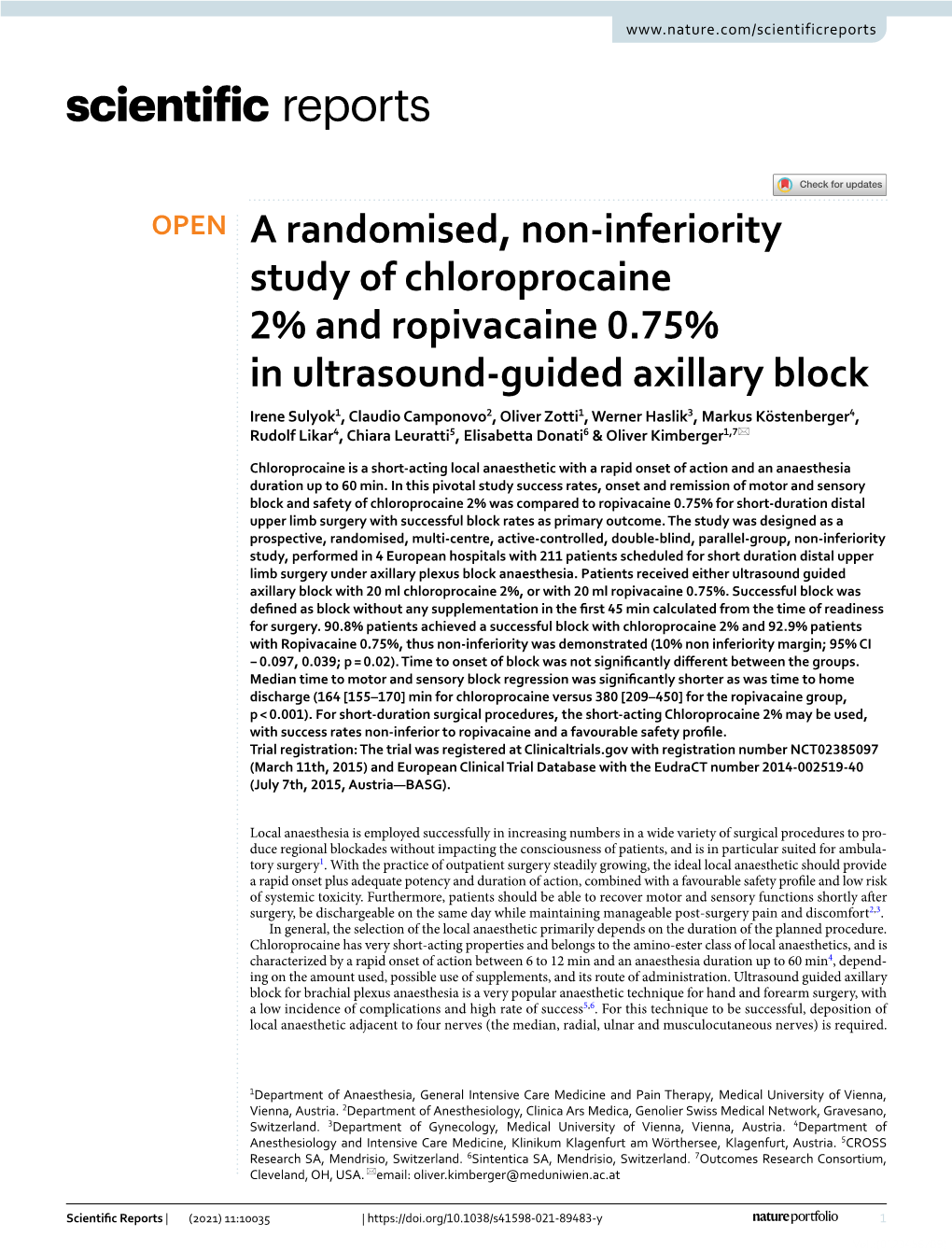 A Randomised, Non-Inferiority Study of Chloroprocaine 2% and Ropivacaine