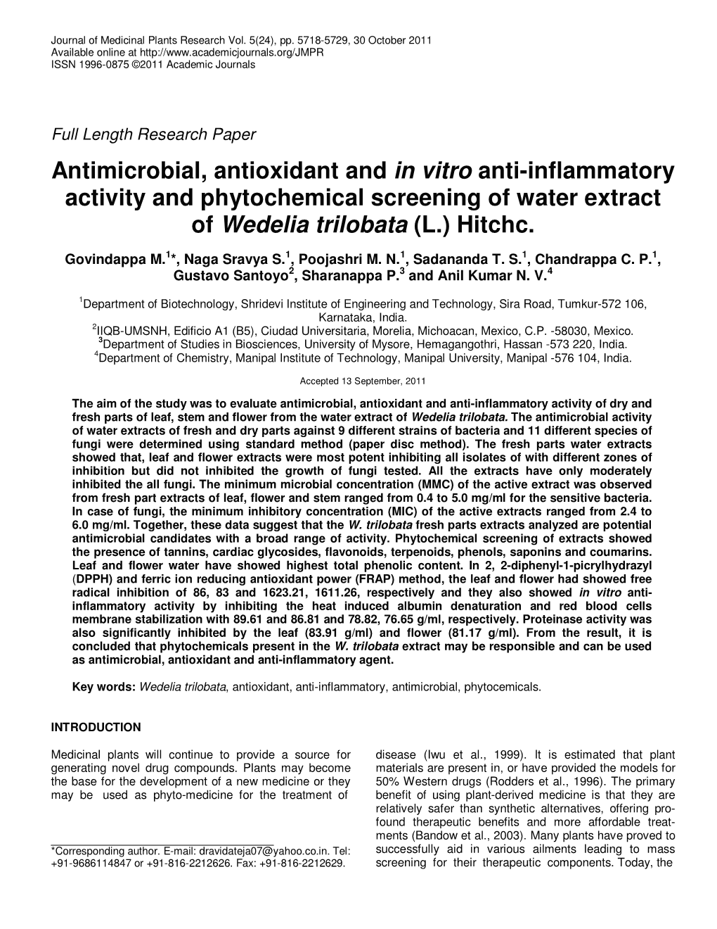 Antimicrobial, Antioxidant and in Vitro Anti-Inflammatory Activity and Phytochemical Screening of Water Extract of Wedelia Trilobata (L.) Hitchc
