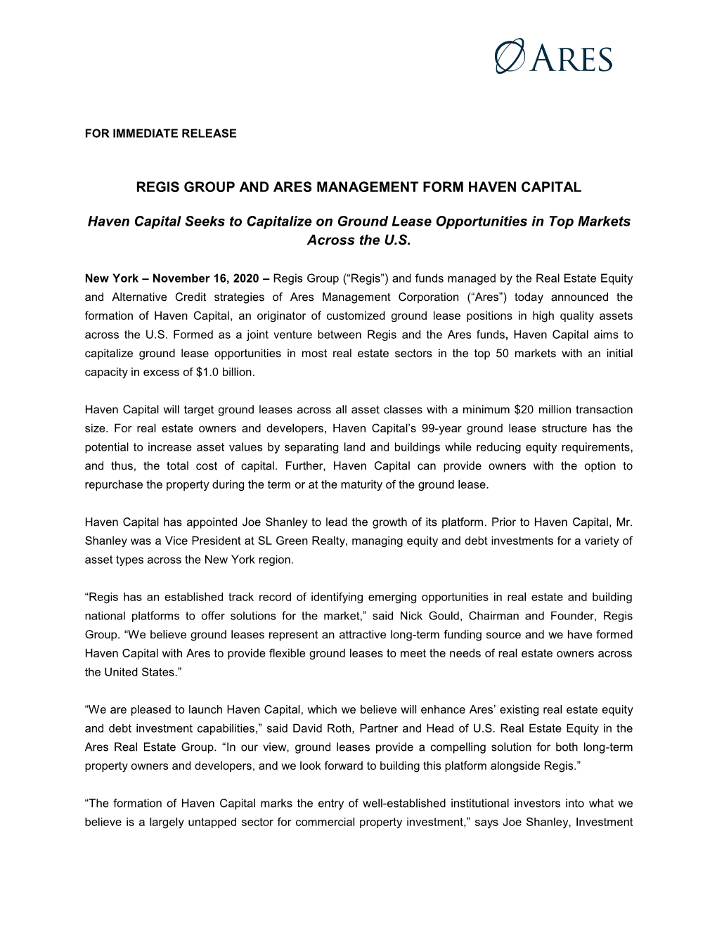 Regis Group and Ares Management Form Haven Capital