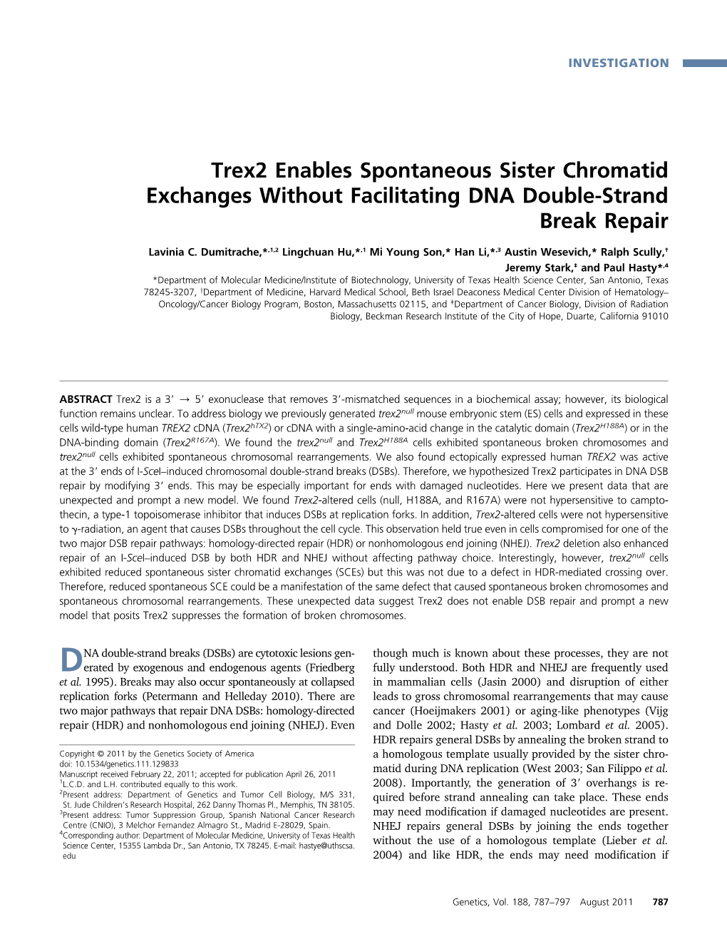 Trex2 Enables Spontaneous Sister Chromatid Exchanges Without Facilitating DNA Double-Strand Break Repair