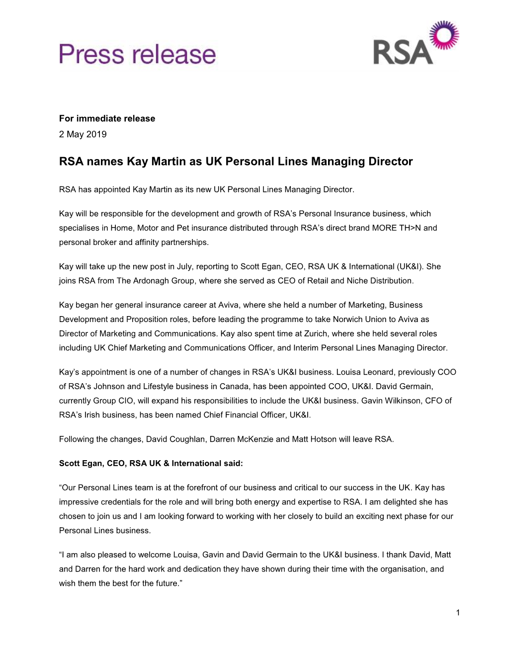 RSA Names Kay Martin As UK Personal Lines Managing Director